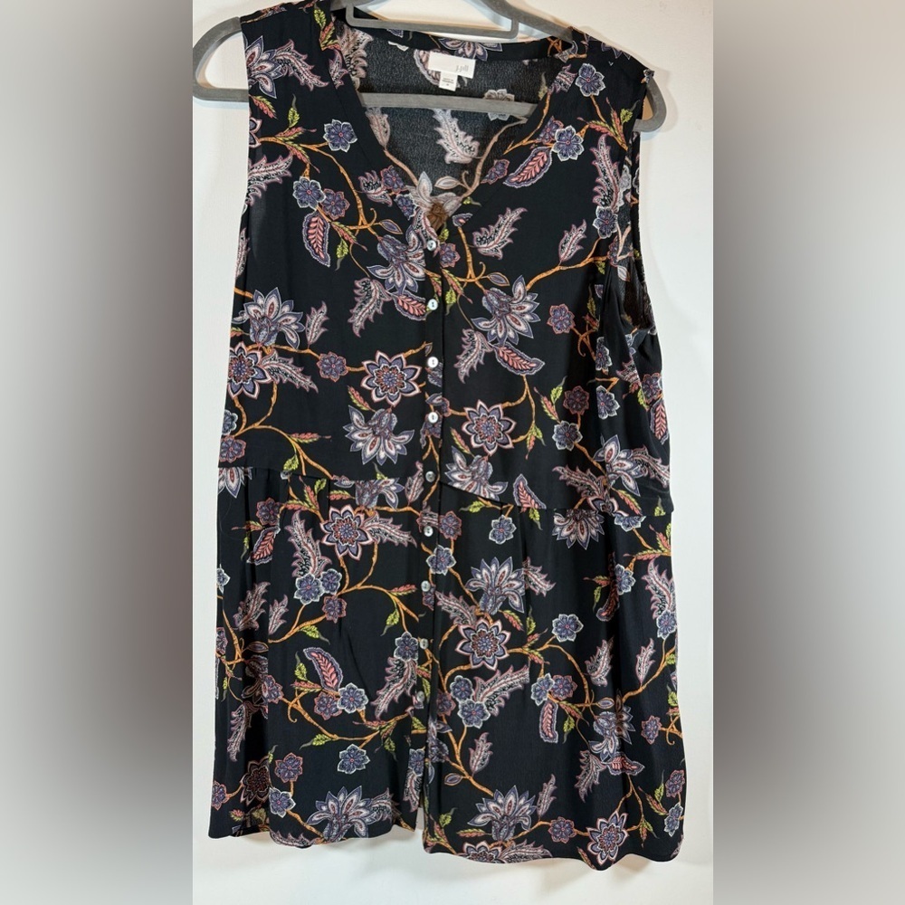 J Jill Medium top Black floral womens button up blouse flowers coastal